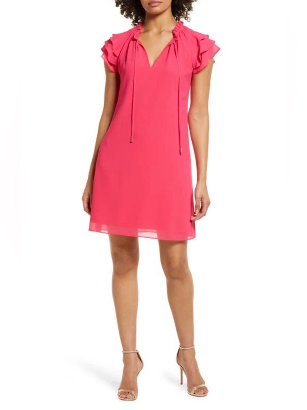 Vince Camuto Hot Pink Ruffle Sleeve V-Neck Mini Dress